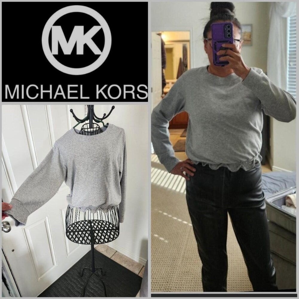 Michael Kors Women Gray Ruffle Hem Long Sleeve Top Size Medium
